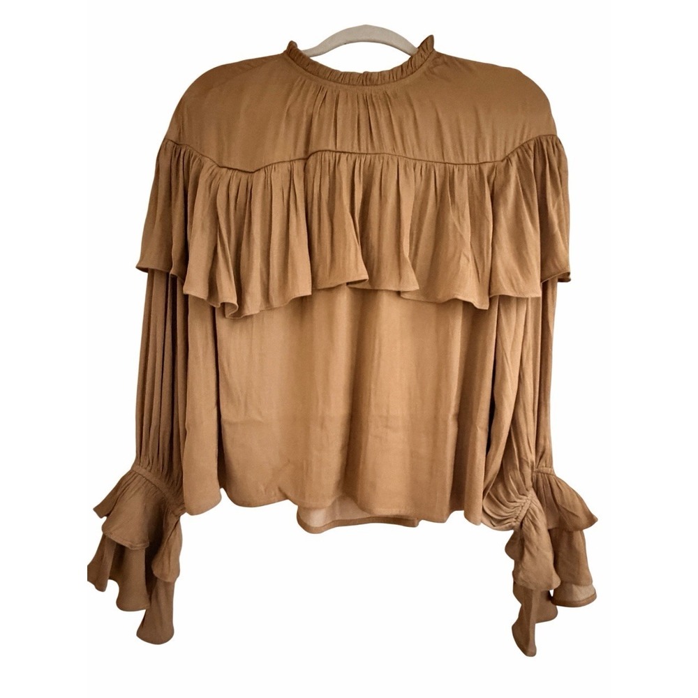 NWT The Drop Womens Miriam Ruffle Yoke Blouse Color: Camel